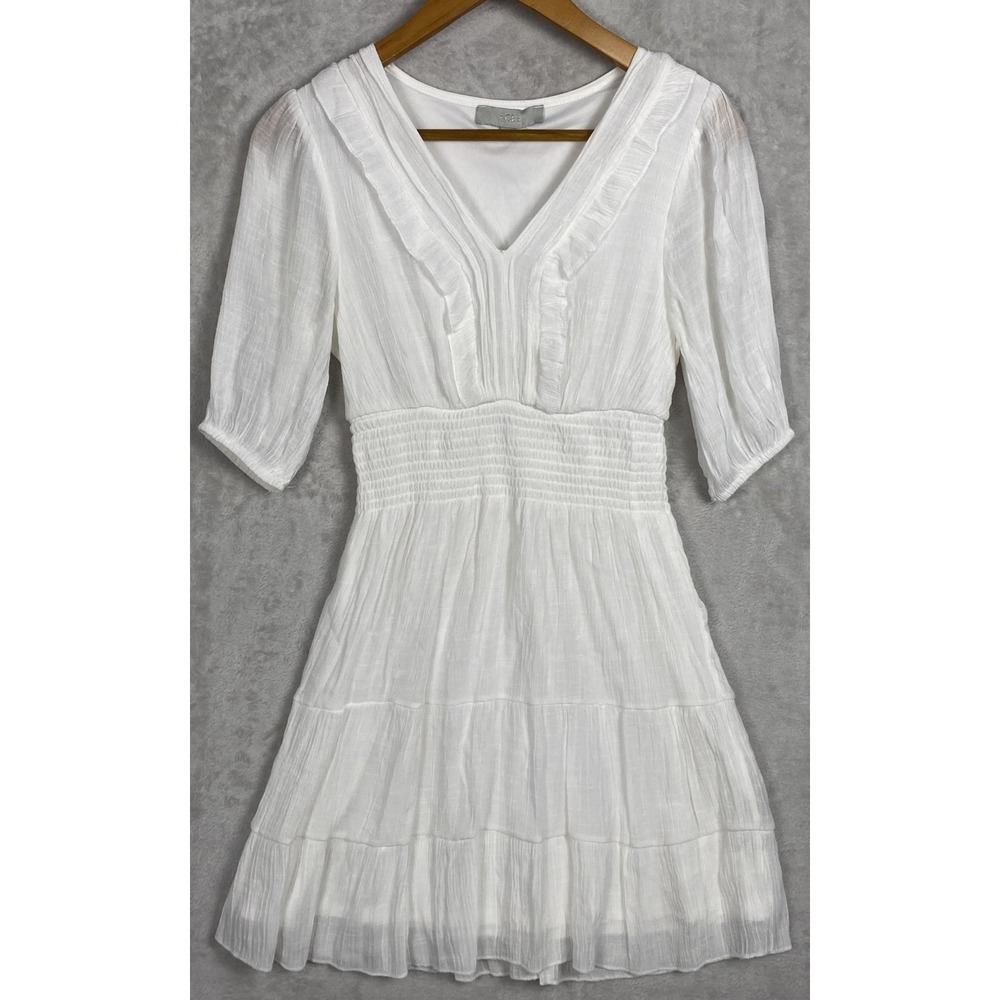 White Smocked Waist Mini Dress Small  Tiered Lined Peasant Cottagecore‎ Beachy